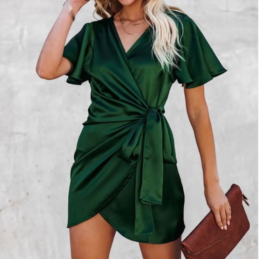 Dress Forum Emerald Green Satin Wrap Mini Dress